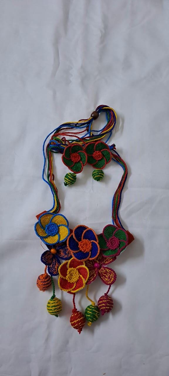 Multi colour flower thread necklace with thread bead fringes and matching earrings