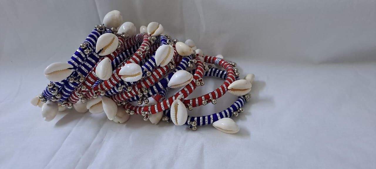 Red and blue colour traditional zari thread and kori bangles (set of 10 bangles)
