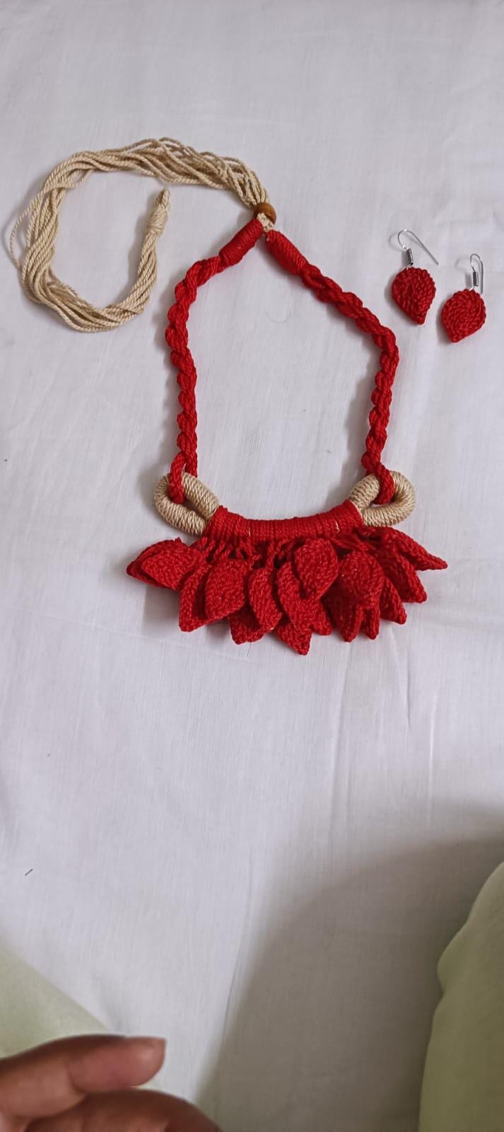 Red Crochet thread necklace set with leaf fringes and matching earrings