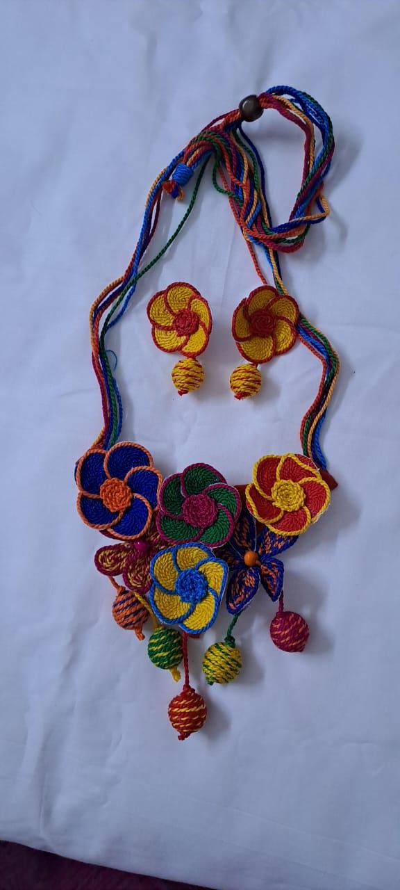 Multi colour flower thread necklace with thread bead fringes and matching earrings