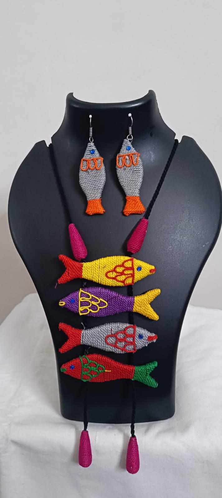 Multi colour crochet thread necklace with fish pendant and matching thread earrings