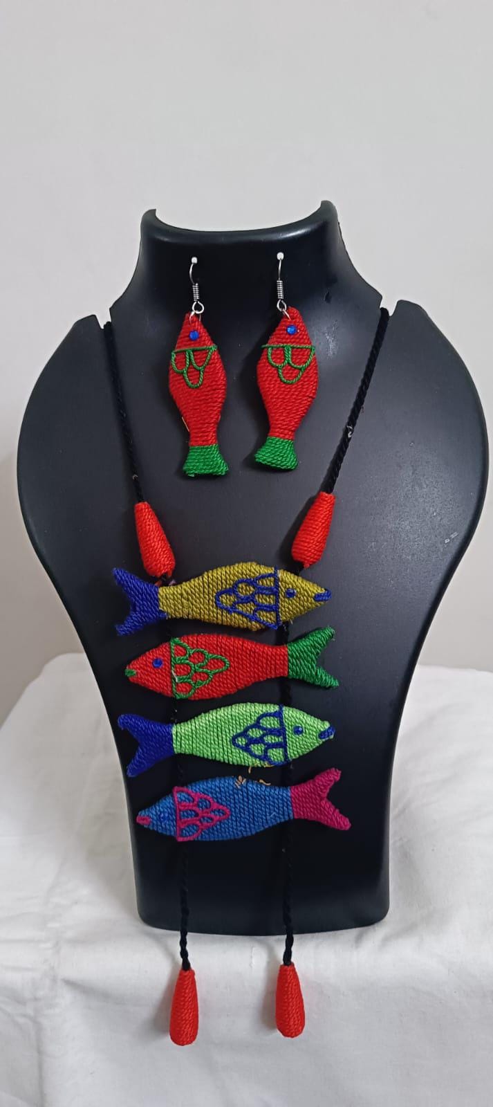 Multi colour crochet thread necklace with fish pendant and matching thread earrings