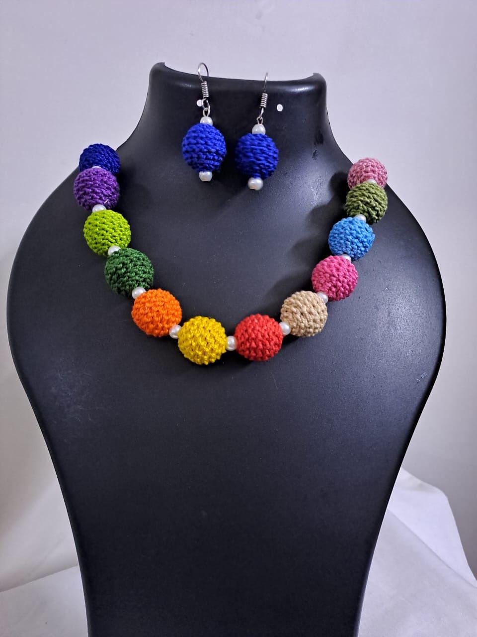 Crochet thread beads necklace set with matching earrings