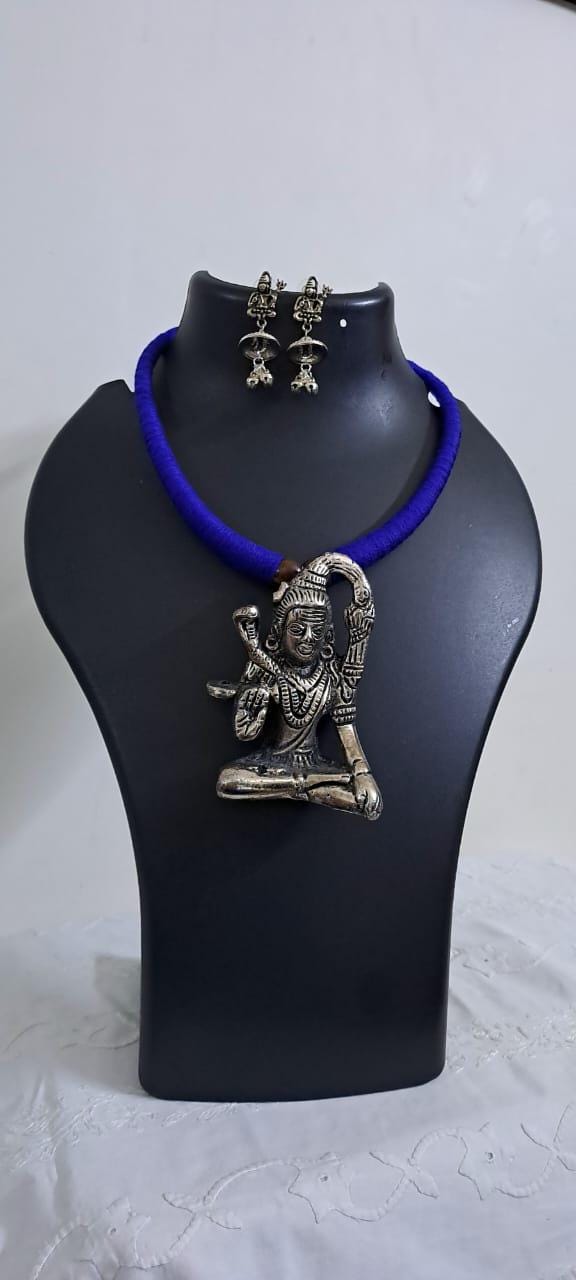 Blue thread necklace with silver oxidised lord shivji pendant