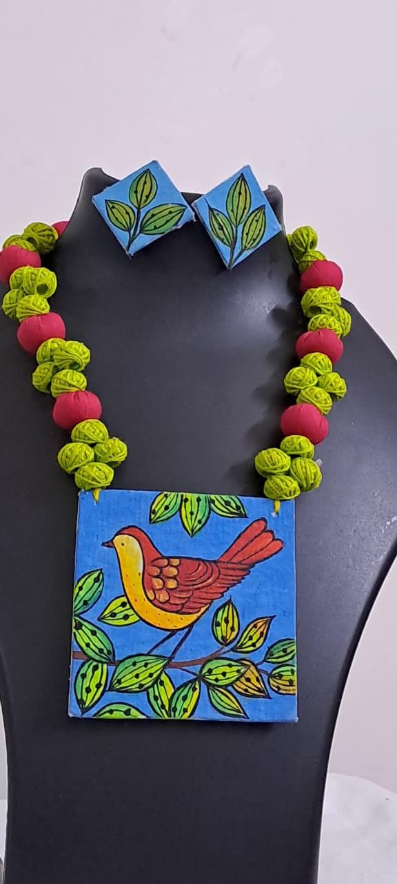 Handpainted fabric jewellery set with matching earrings