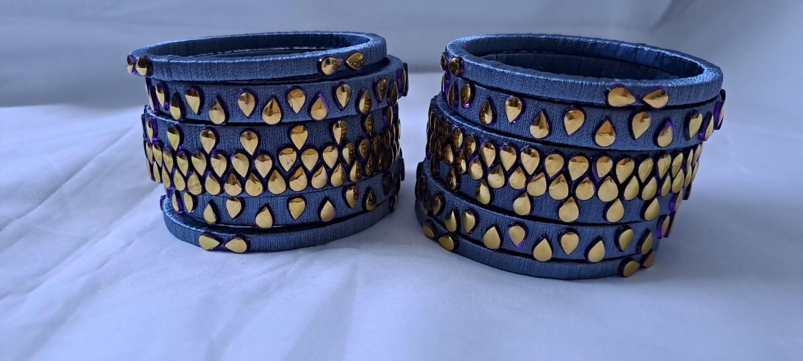 Grey colour traditional thread kundan bangles with zari bangle box