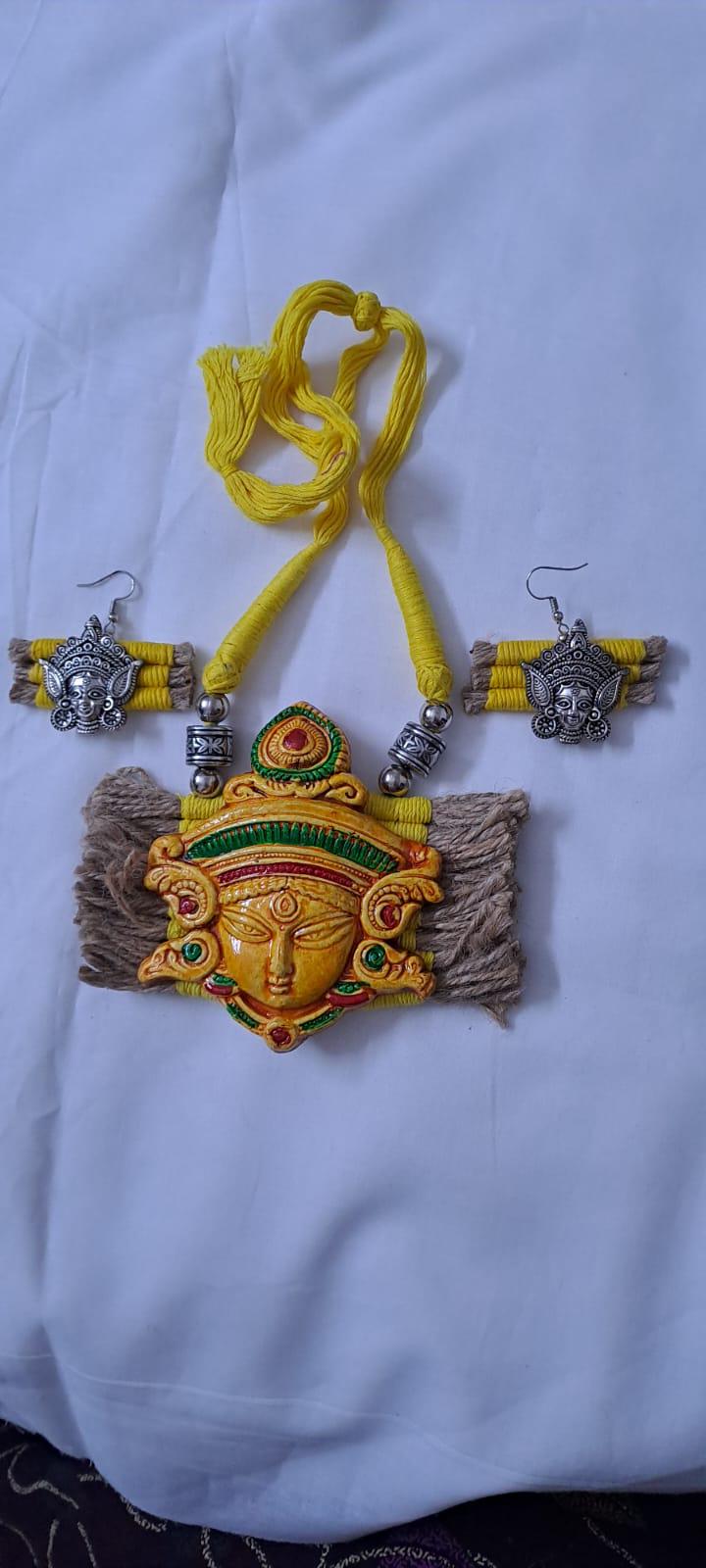 Terracotta Durga pendant jute necklace set with matching earrings
