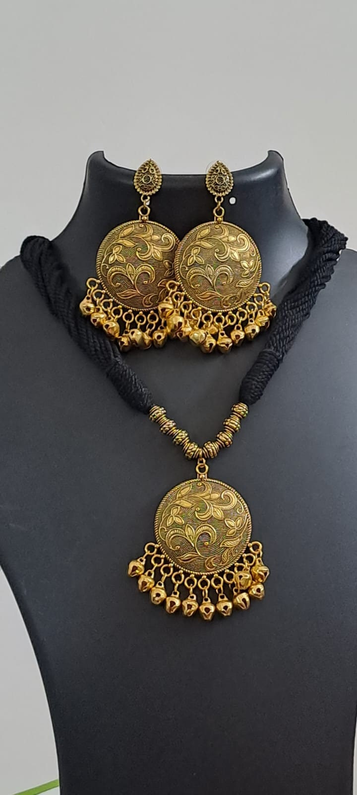 Black thread necklace with Golden oxidised traditional pendant