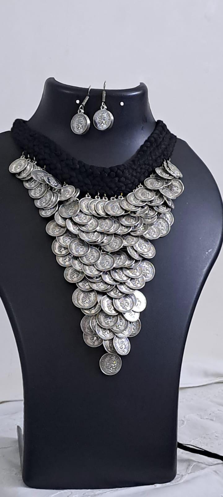 Braided black choker necklace set with multi layered fringes n matching earrings