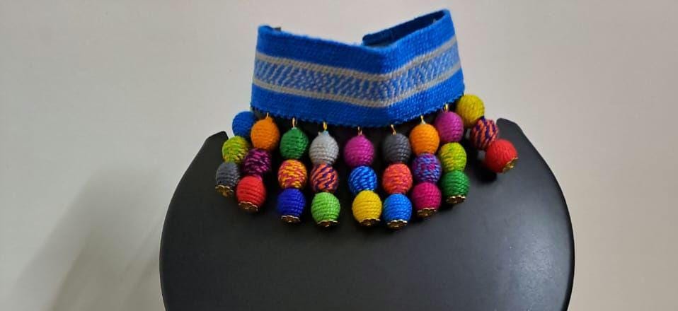 Crochet blue thread neckband with thread beads fringes n matching earrings