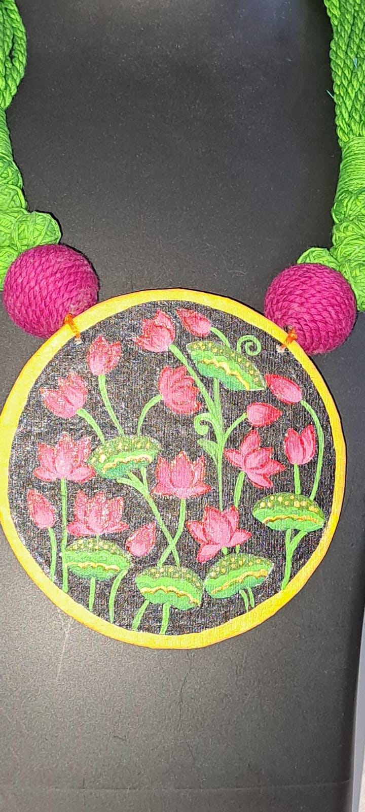 Handpainted fabric necklace set with earrings