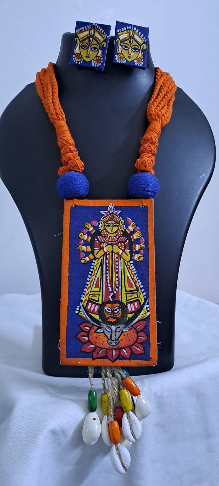 Handpainted fabric necklace set with earrings