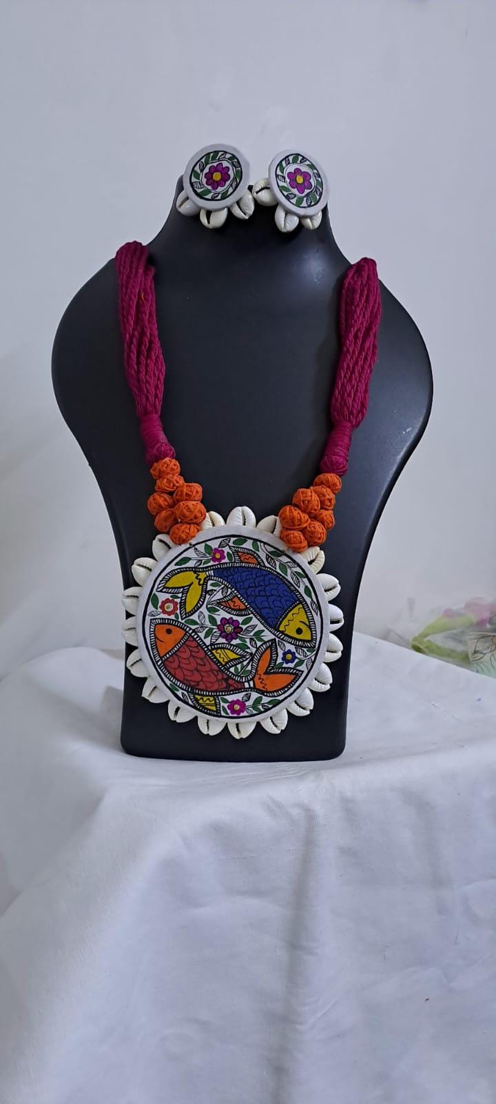 Handpainted fabric jewellery set with matching earrings