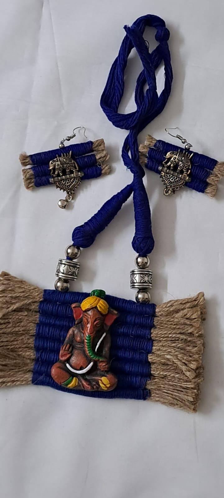 Terracotta Ganesha pendant jute necklace set with matching earrings