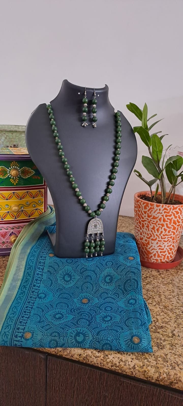 Green glass beads necklace with silver oxidised pendant