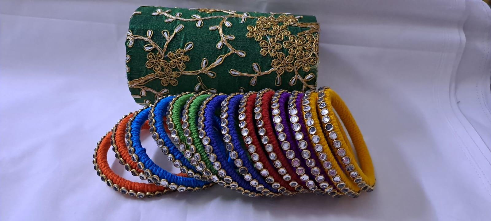 Rainbow colour traditional thread kundan bangles with zari bangle box