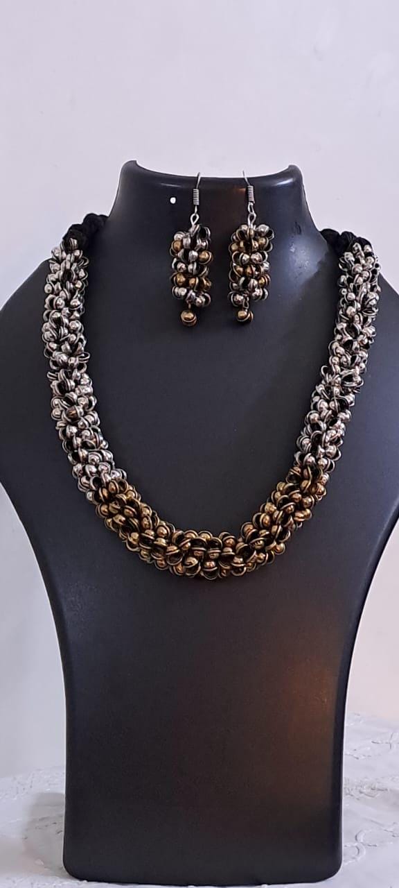 Exclusive silver oxidised traditional trinket beads necklace and matching earrings