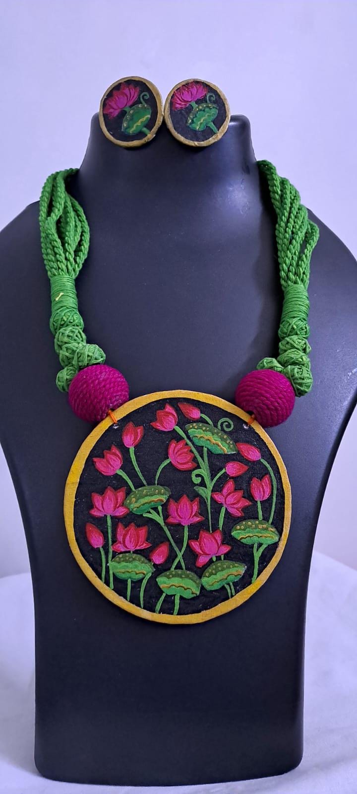 Handpainted fabric necklace set with earrings