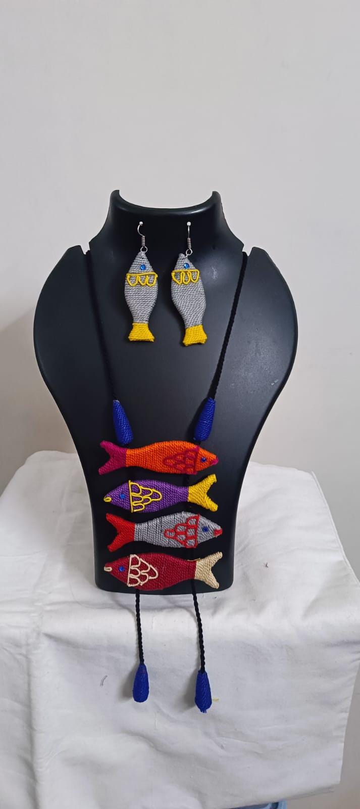 Multi colour crochet thread necklace with fish pendant and matching thread earrings