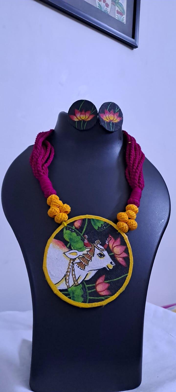 Handpainted fabric jewellery set with matching earrings