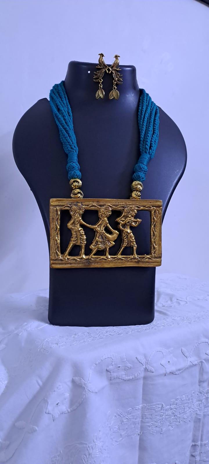 Sea green thread necklace set with dokra pendant n matching earrings