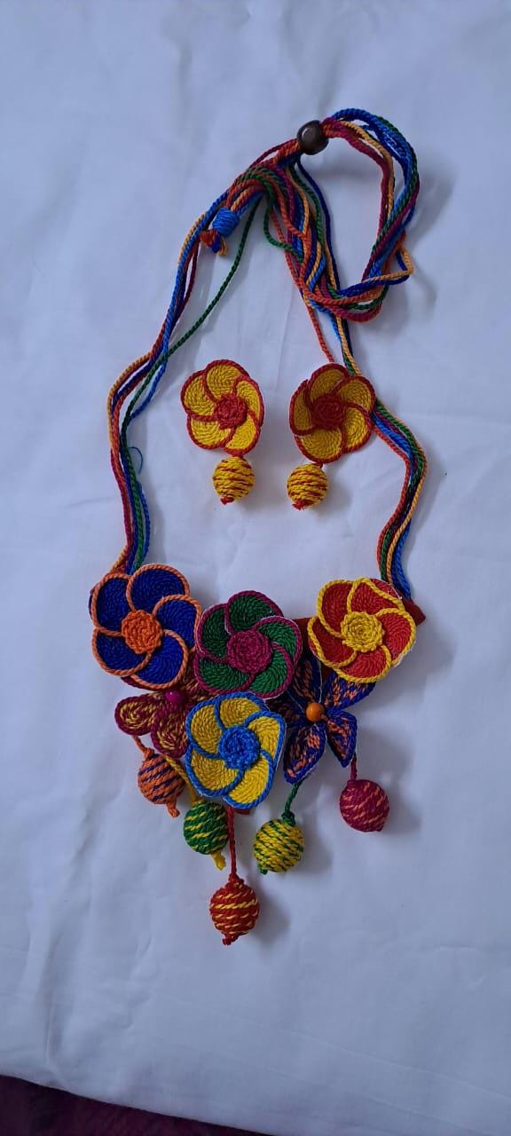 Multi colour flower thread necklace with thread bead fringes and matching earrings