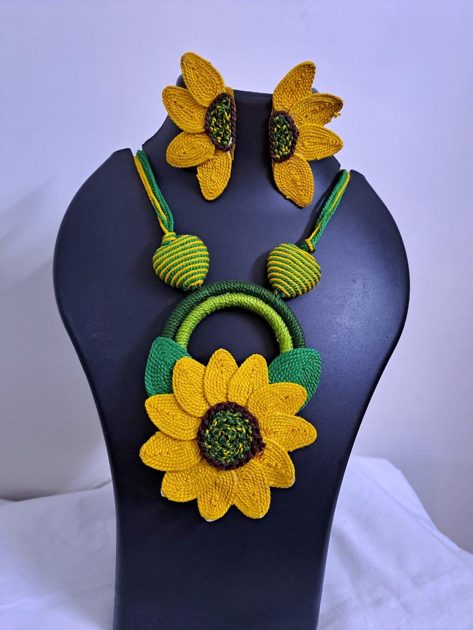 Yellow thread necklace set with sunflower pendant n matching earrings