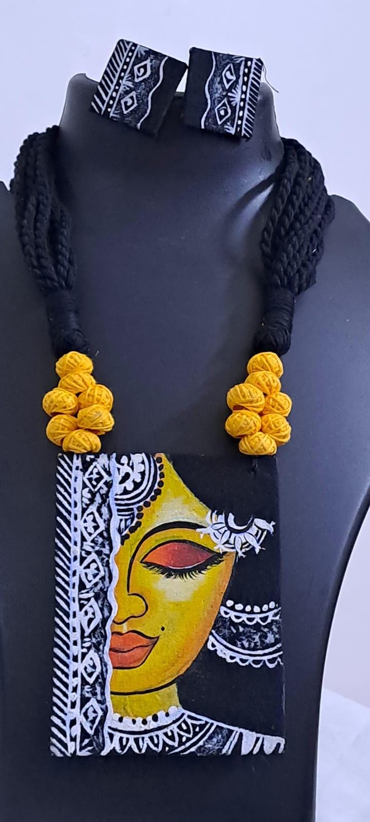 Handpainted fabric necklace set with earrings