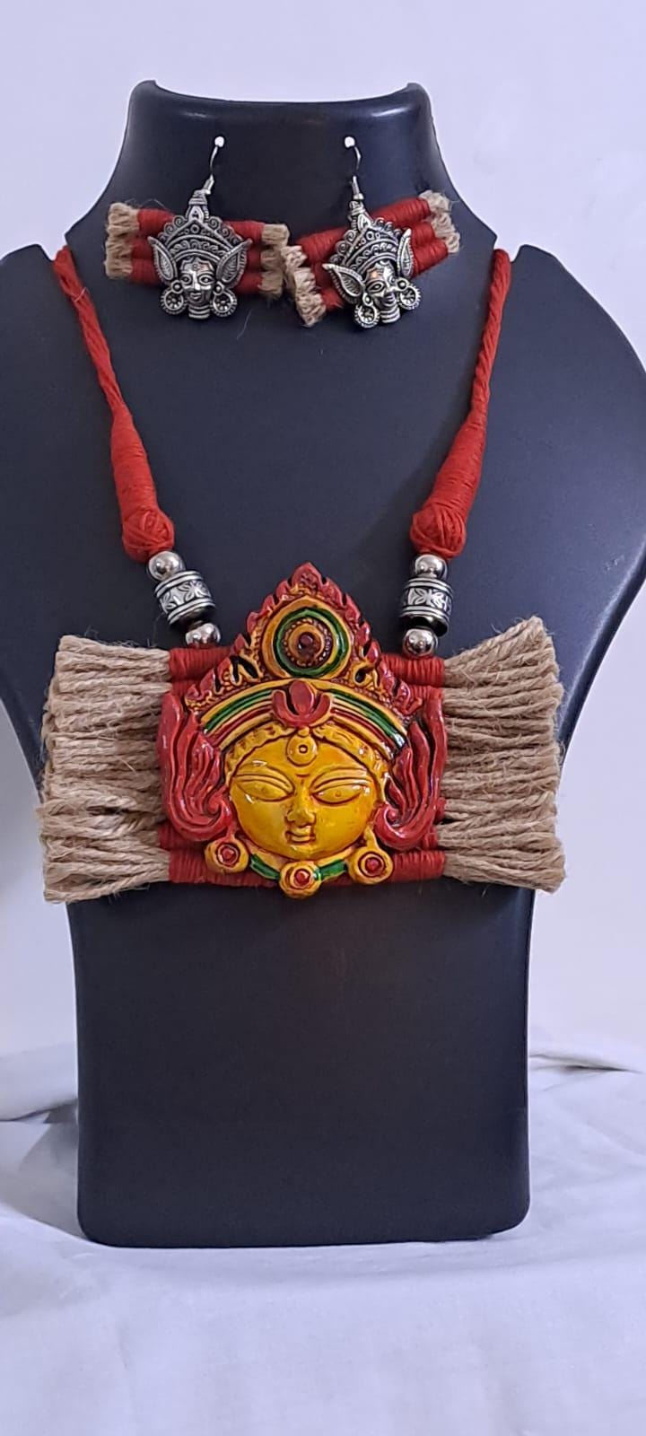 Terracotta Durga pendant jute necklace set with matching earrings