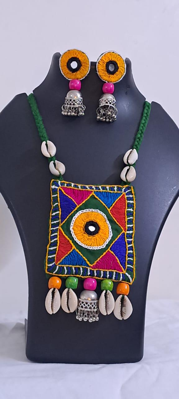 Hand embroidered Kutch Pattern fabric necklace set with matching earrings