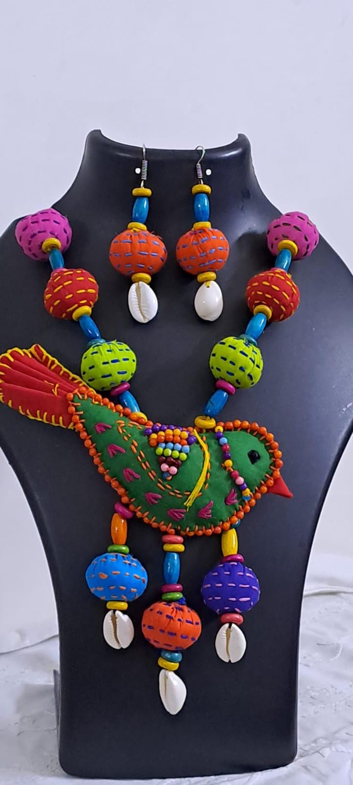 Exclusive fabric necklace with embroidered green fabric bird pendant and fabric beads n matching beads