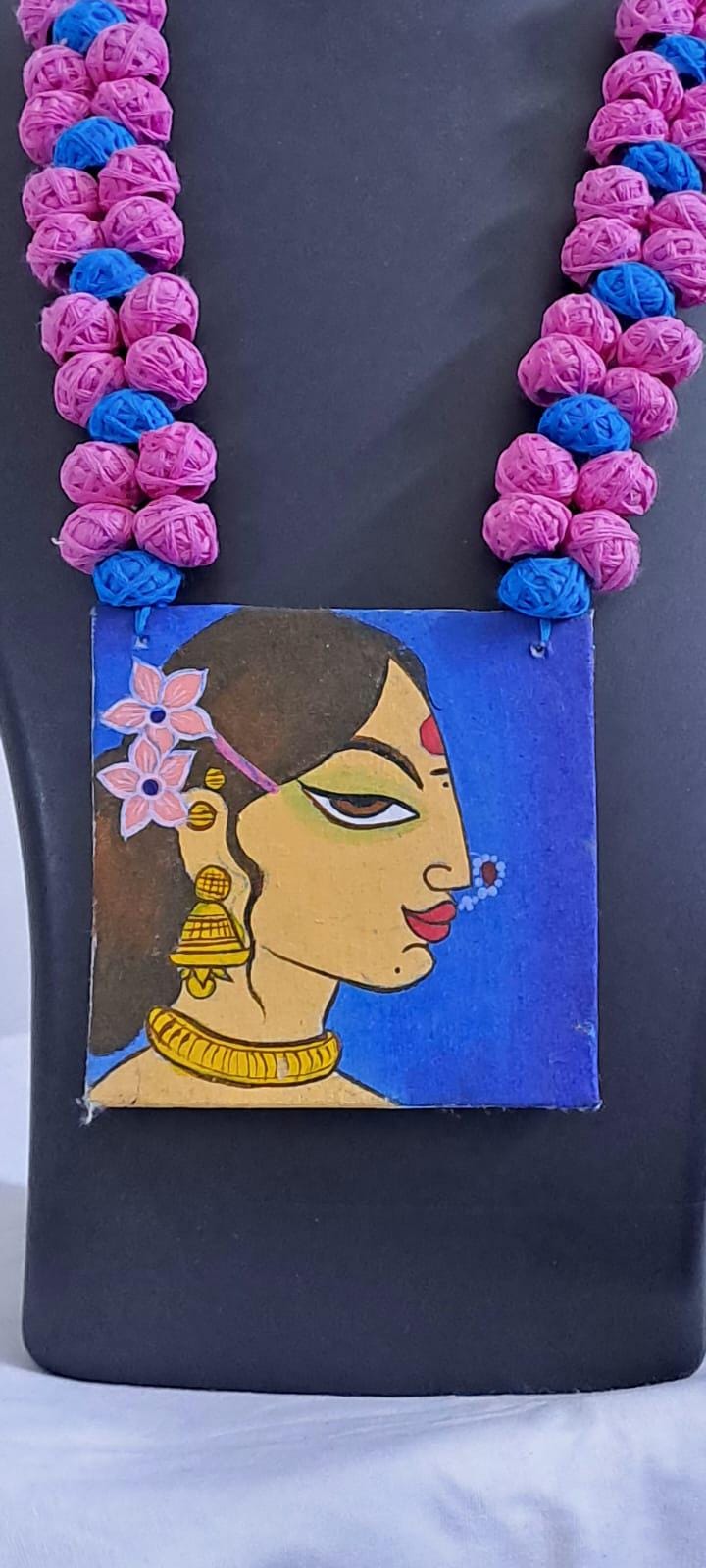 Handpainted fabric jewellery set with matching earrings