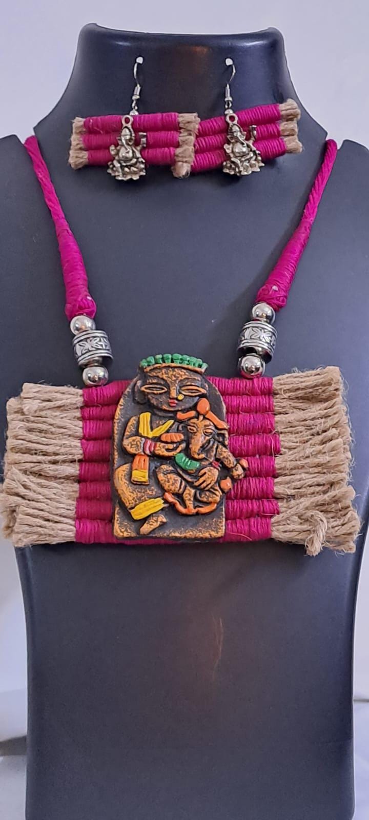 Terracotta Ganesha & Parvati pendant jute necklace set with matching earrings