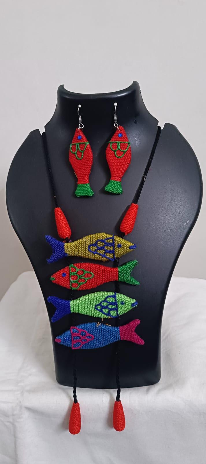 Multi colour crochet thread necklace with fish pendant and matching thread earrings