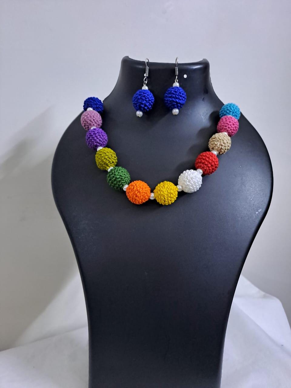 Crochet thread beads necklace set with matching earrings