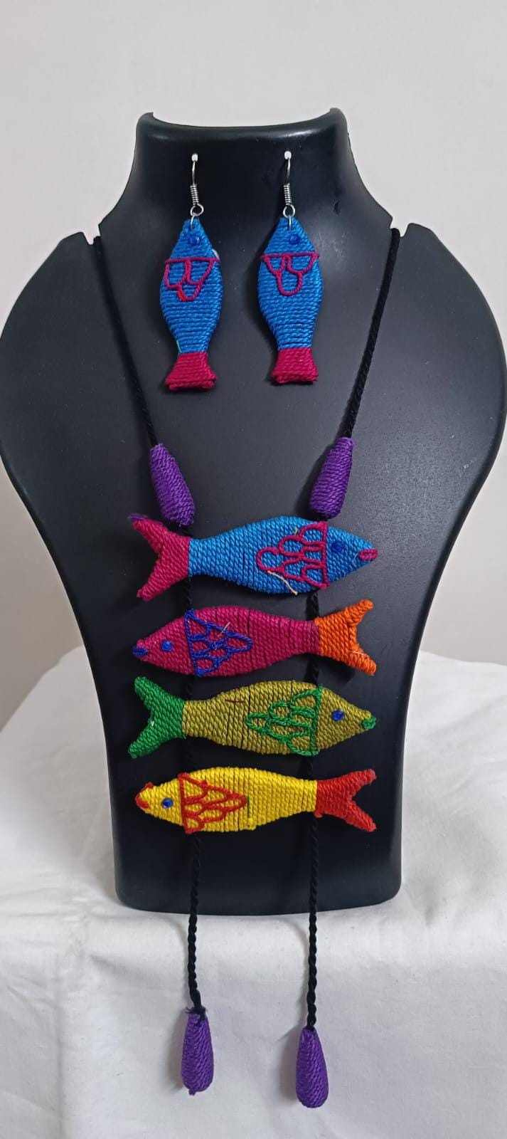 Multi colour crochet thread necklace with fish pendant and matching thread earrings