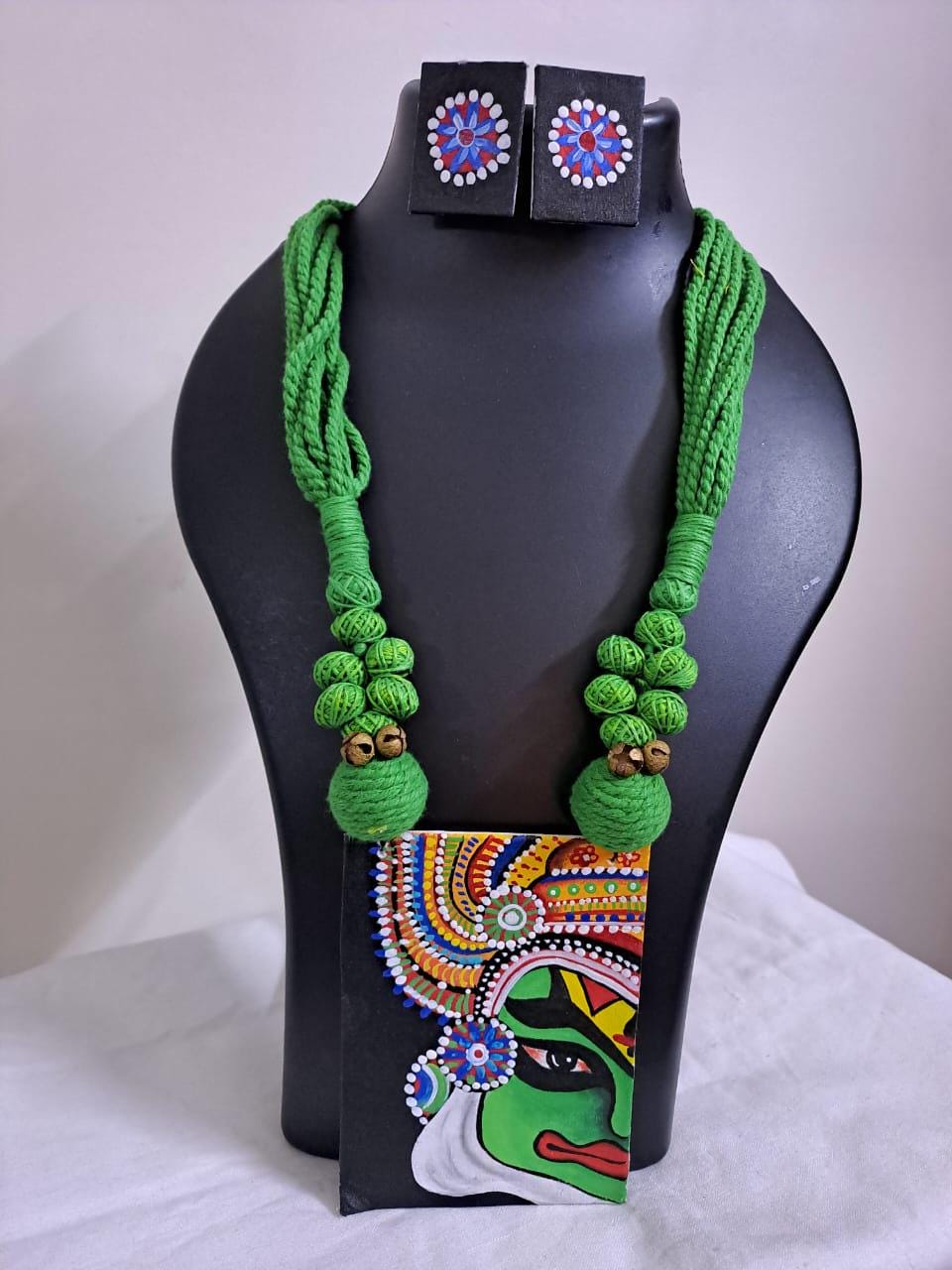 Handpainted fabric jewellery set with matching earrings