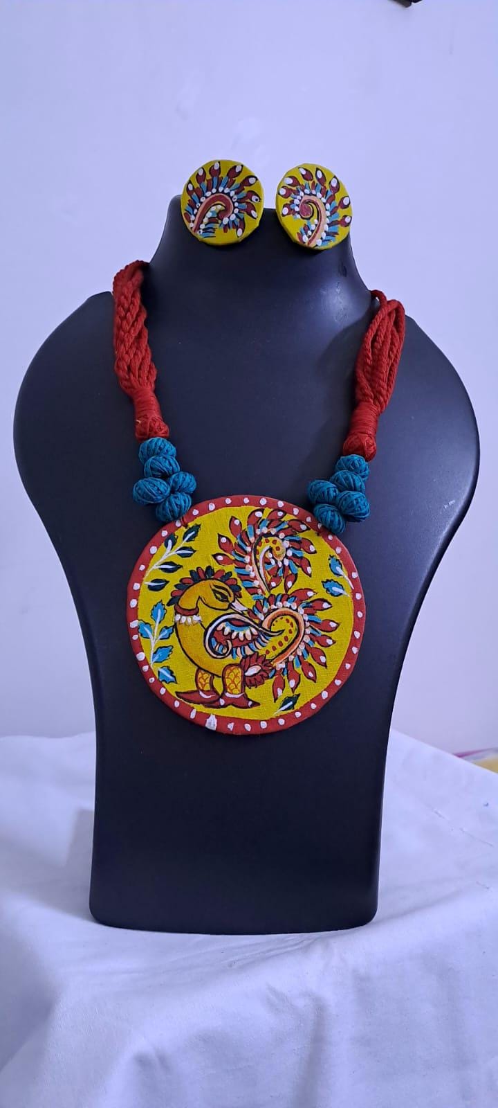 Handpainted fabric necklace set with earrings