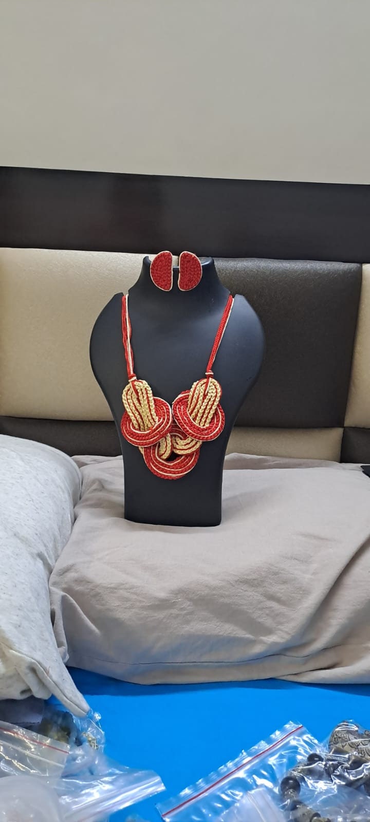 Celtic knot thread necklace with matching thread earrings.
