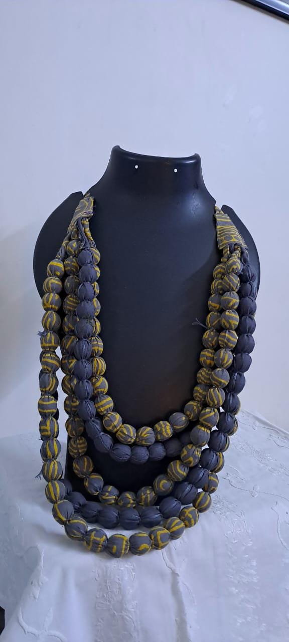 Exclusive multi-layered yellow grey fabric necklace