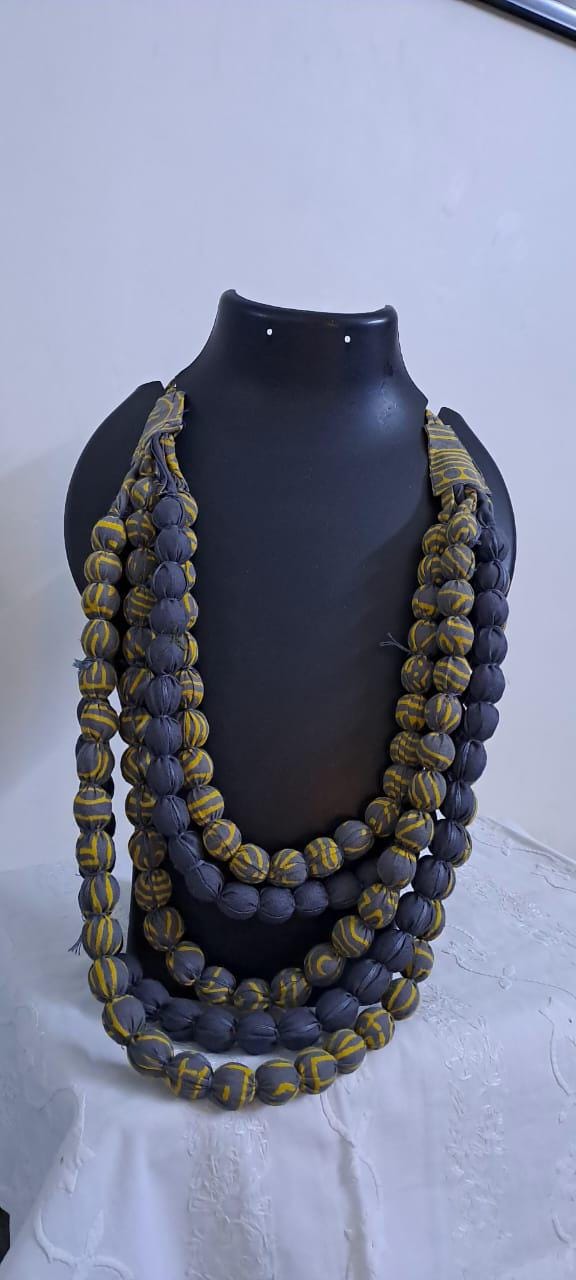 Exclusive multi-layered yellow grey fabric necklace