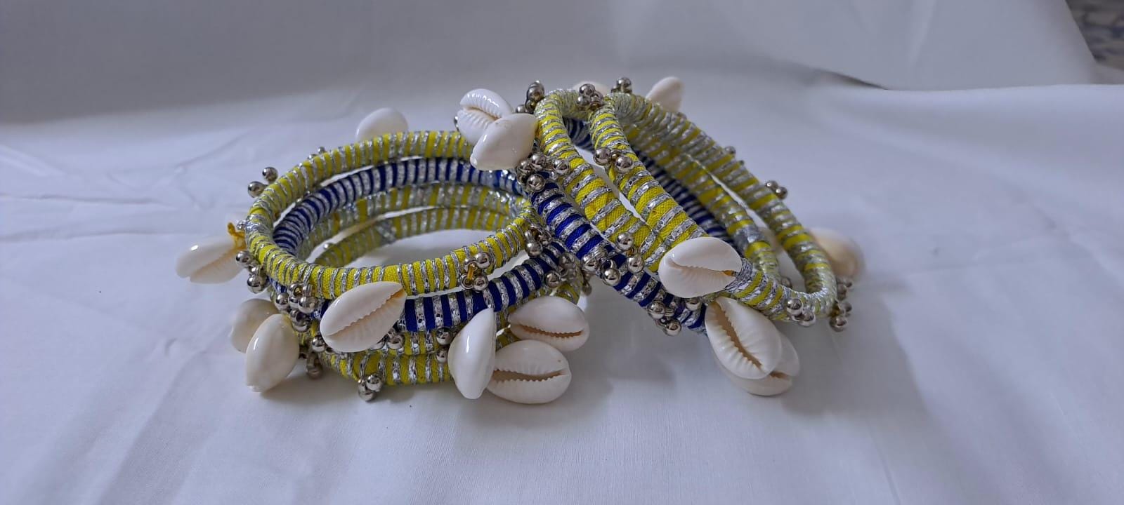 Yellow and blue colour traditional zari thread and kori bangles (set of 7 bangles)