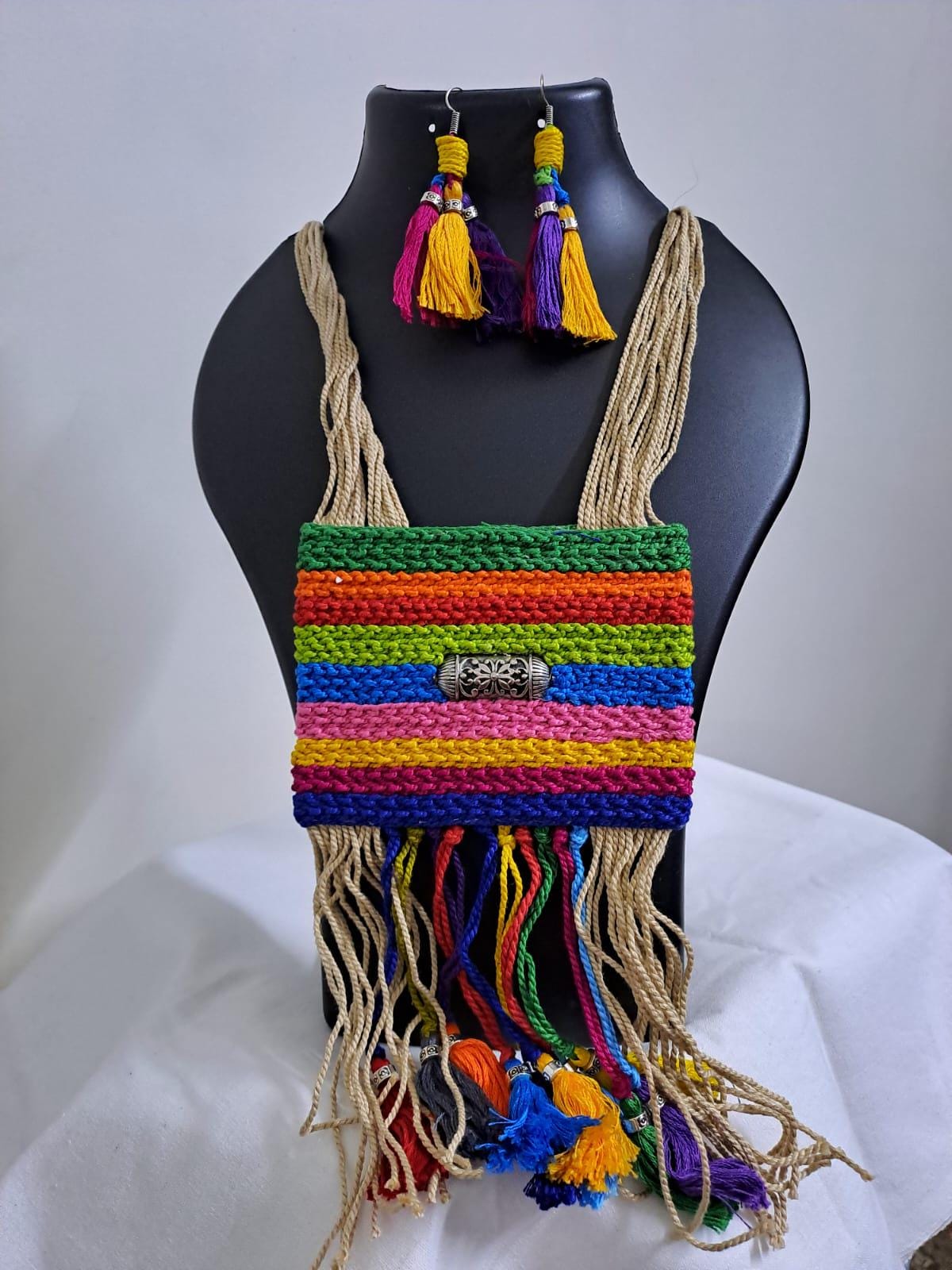 Multi colour crochet thread necklace with thread danglers and matching thread earrings