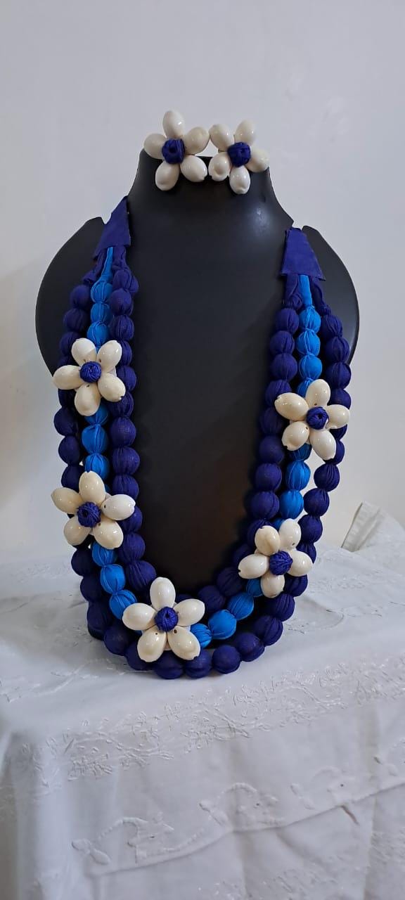 Exclusive multi-layered blue fabric necklace with shells n matching earrings
