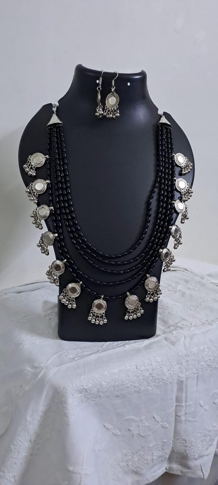 Exclusive multi layered  black glass beads necklace set with silver oxidised charms n matching earrings
