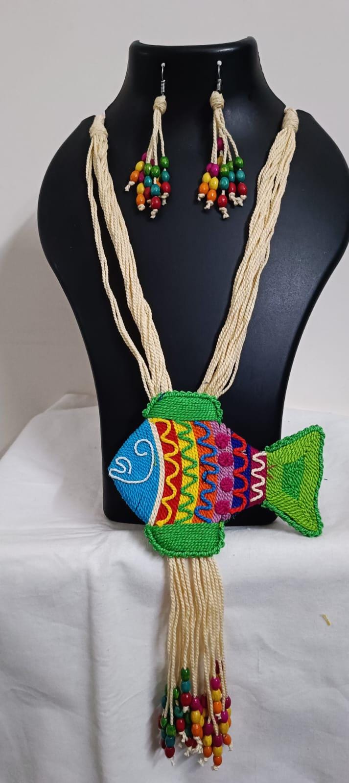 Multi colour thread fish pendant Jewellery. set with matching thread earrings