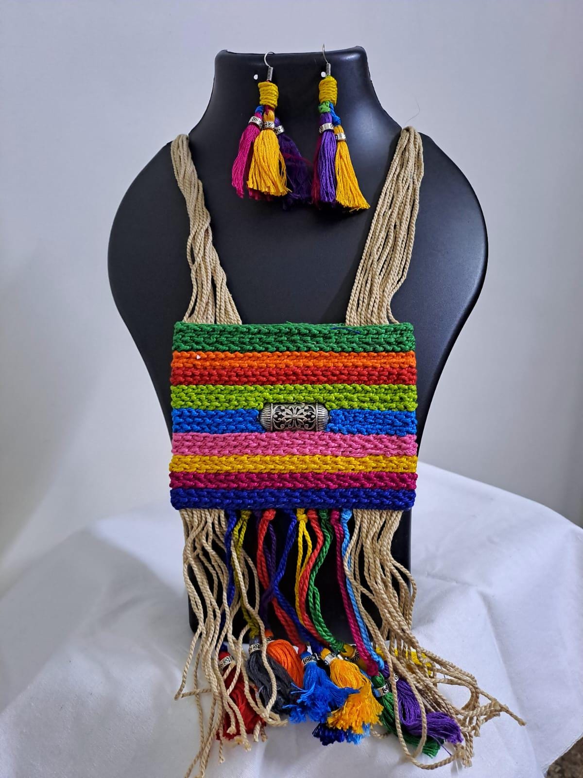Multi colour crochet thread necklace with thread danglers and matching thread earrings