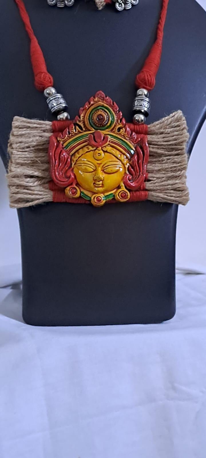 Terracotta Durga pendant jute necklace set with matching earrings