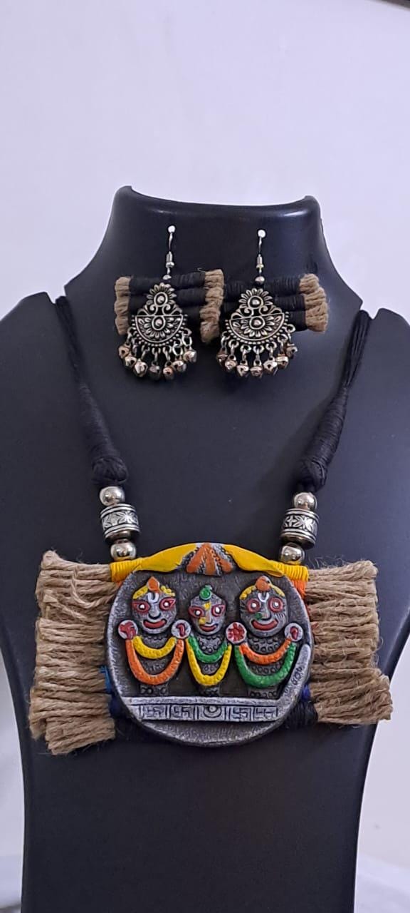 Terracotta Lord Jagannath pendant jute necklace set with matching earrings