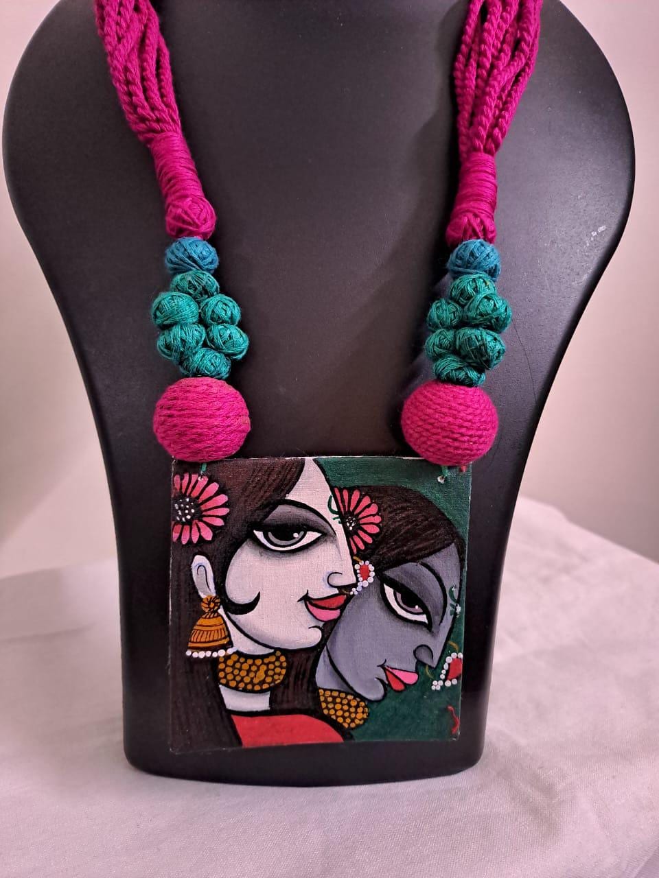 Handpainted fabric jewellery set with matching earrings
